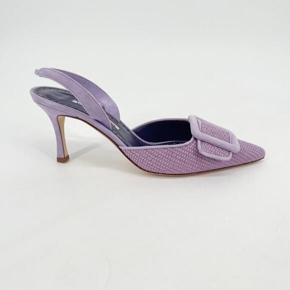 Manolo Blahnik Mayslibi Lilac Raffia Slingback Buckle Pointed Toe Heels IT 38.5 - Picture 3 of 12